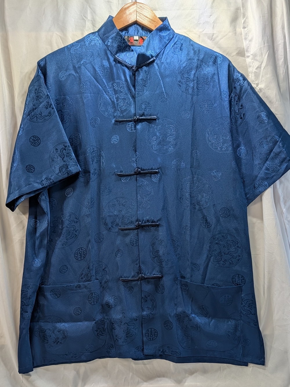 Chinese Xaun Tang Traditional Short-Sleeve Polyester Shirt Navy Blue Size 3XL